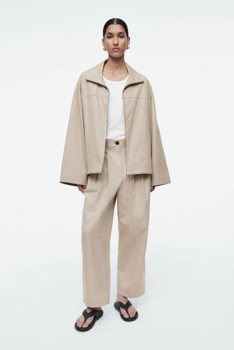 COS Pleated Barrel Leg Cotton Khaki High Rise Trousers Pants Size EU 40 / US 10